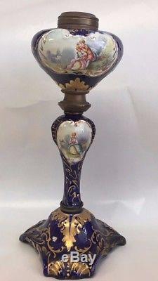 Antique Sevres Porcelain Cobalt Hand Painted Oil Lamp French Lovers