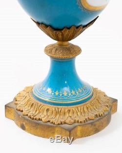 Antique Sevres Porcelain Urn Vase Blue Celeste Gold Gilt Hand Painted Cupid 12