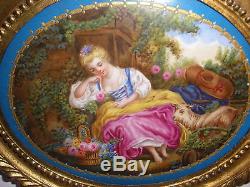 Antique Sevres hand painted victorian woman with sheep in garden porcelain plaque