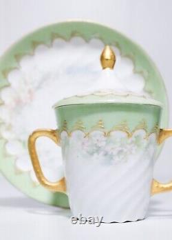 Antique Signed Porcelain Hand Painted Floral Gilt Covered Cup & Saucer