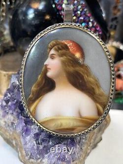 Antique Silver & Gold Hand Painted Porcelain Cameo Pendant 3