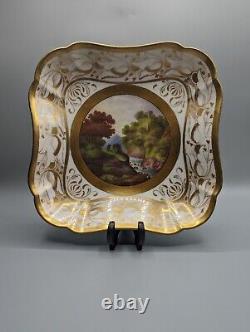 Antique Swansea Porcelain Square Plate C 1815, Hand-Painted Landscape & Gild