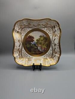 Antique Swansea Porcelain Square Plate C 1815, Hand-Painted Landscape & Gild