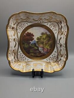 Antique Swansea Porcelain Square Plate C 1815, Hand-Painted Landscape & Gild