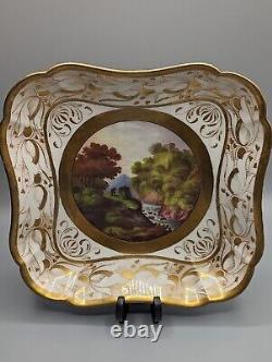 Antique Swansea Porcelain Square Plate C 1815, Hand-Painted Landscape & Gild