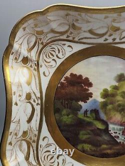 Antique Swansea Porcelain Square Plate C 1815, Hand-Painted Landscape & Gild