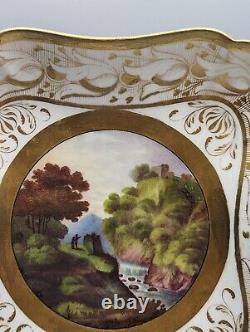 Antique Swansea Porcelain Square Plate C 1815, Hand-Painted Landscape & Gild