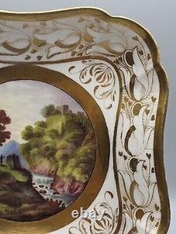 Antique Swansea Porcelain Square Plate C 1815, Hand-Painted Landscape & Gild