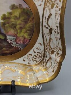 Antique Swansea Porcelain Square Plate C 1815, Hand-Painted Landscape & Gild