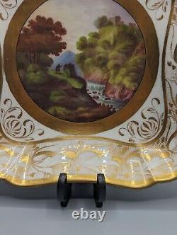 Antique Swansea Porcelain Square Plate C 1815, Hand-Painted Landscape & Gild