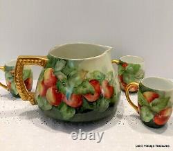 Antique T. V. Limoges hand painted Water Cider Pitcher with3 cups, Apples, STUNNING