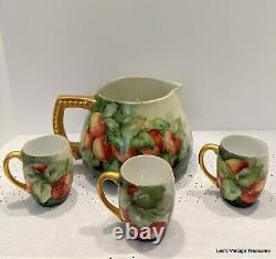 Antique T. V. Limoges hand painted Water Cider Pitcher with3 cups, Apples, STUNNING