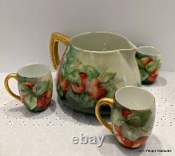 Antique T. V. Limoges hand painted Water Cider Pitcher with3 cups, Apples, STUNNING