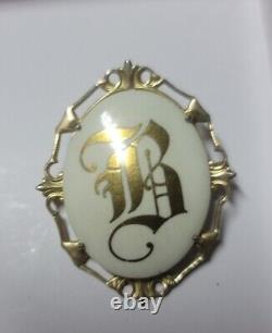 Antique VICTORIAN Lovely Large Hand Painted Porcelain Initial B Gold GILT BROOCH
