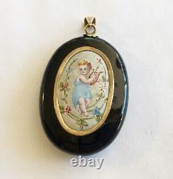 Antique Victorian 14k Black Onyx Drop/Pendant With Porcelain Hand Painted Girl