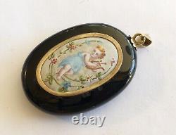 Antique Victorian 14k Black Onyx Drop/Pendant With Porcelain Hand Painted Girl
