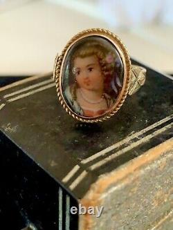 Antique, Victorian 14k Yellow Gold hand-painted on porcelain Portrait Ring