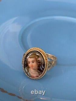 Antique, Victorian 14k Yellow Gold hand-painted on porcelain Portrait Ring