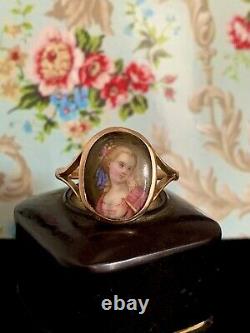 Antique, Victorian 9k Rose Gold hand-painted on porcelain Portrait Ring/us9.5