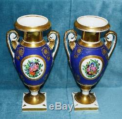 Antique Victorian Continental Hand Painted Twin Handled Porcelain Vases Pair of