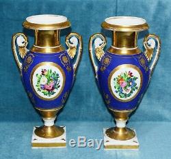 Antique Victorian Continental Hand Painted Twin Handled Porcelain Vases Pair of