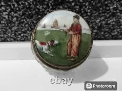 Antique Victorian Cut Crystal Glass Jar Hand Painted Porcelain Lid Sea Dog Boy