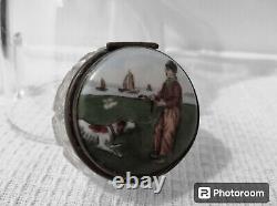 Antique Victorian Cut Crystal Glass Jar Hand Painted Porcelain Lid Sea Dog Boy