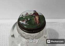 Antique Victorian Cut Crystal Glass Jar Hand Painted Porcelain Lid Sea Dog Boy