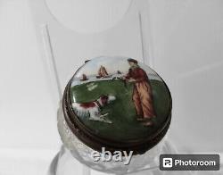 Antique Victorian Cut Crystal Glass Jar Hand Painted Porcelain Lid Sea Dog Boy