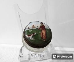 Antique Victorian Cut Crystal Glass Jar Hand Painted Porcelain Lid Sea Dog Boy