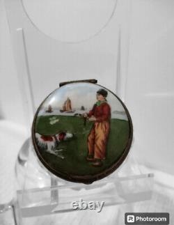 Antique Victorian Cut Crystal Glass Jar Hand Painted Porcelain Lid Sea Dog Boy