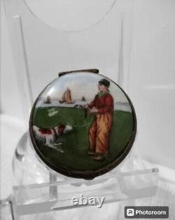 Antique Victorian Cut Crystal Glass Jar Hand Painted Porcelain Lid Sea Dog Boy