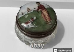 Antique Victorian Cut Crystal Glass Jar Hand Painted Porcelain Lid Sea Dog Boy