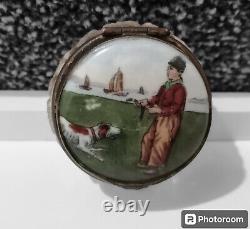 Antique Victorian Cut Crystal Glass Jar Hand Painted Porcelain Lid Sea Dog Boy