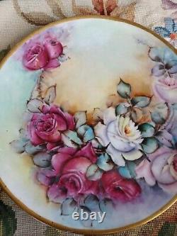 Antique Victorian Fraureuth Saxony Hand Painted Floral Roses Porcelain Charger