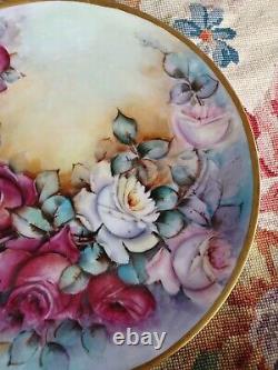 Antique Victorian Fraureuth Saxony Hand Painted Floral Roses Porcelain Charger