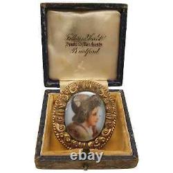 Antique Victorian Hand Painted Porcelain Miniature Portrait Brooch with Box