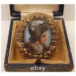Antique Victorian Hand Painted Porcelain Miniature Portrait Brooch with Box