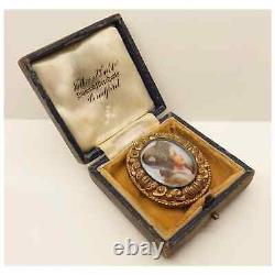 Antique Victorian Hand Painted Porcelain Miniature Portrait Brooch with Box