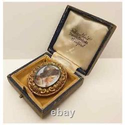 Antique Victorian Hand Painted Porcelain Miniature Portrait Brooch with Box