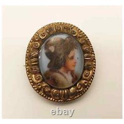 Antique Victorian Hand Painted Porcelain Miniature Portrait Brooch with Box