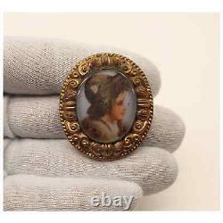 Antique Victorian Hand Painted Porcelain Miniature Portrait Brooch with Box