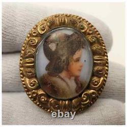 Antique Victorian Hand Painted Porcelain Miniature Portrait Brooch with Box