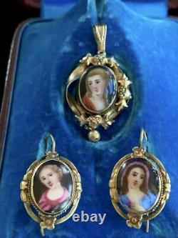 Antique/ Victorian Hand Painted Portrait earrings and pendant