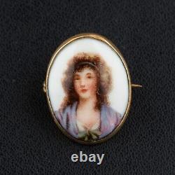 Antique Victorian Pointillist Miniature Hand Painted Porcelain Portrait Brooch