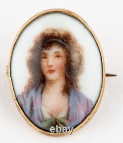 Antique Victorian Pointillist Miniature Hand Painted Porcelain Portrait Brooch