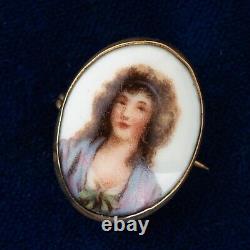 Antique Victorian Pointillist Miniature Hand Painted Porcelain Portrait Brooch