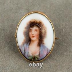 Antique Victorian Pointillist Miniature Hand Painted Porcelain Portrait Brooch