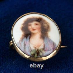 Antique Victorian Pointillist Miniature Hand Painted Porcelain Portrait Brooch