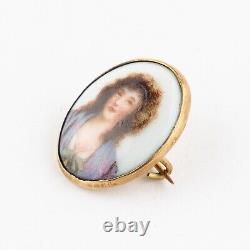 Antique Victorian Pointillist Miniature Hand Painted Porcelain Portrait Brooch